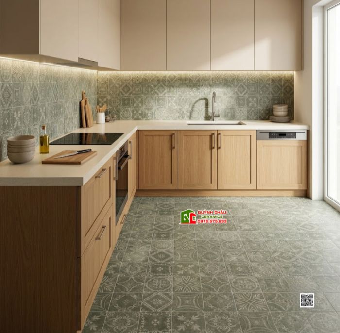 Gạch bông 40x40 phong cách cổ điển hoa văn màu xanh rêu