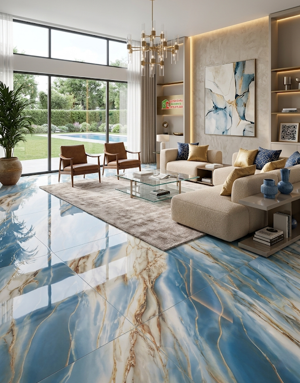 Gạch ốp lát 60x120 vân đá marble xanh dương siêu bóng