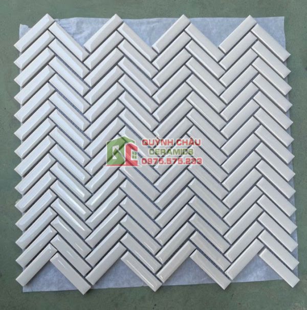 Gạch mosaic gốm hình xương cá màu trắng men trơn