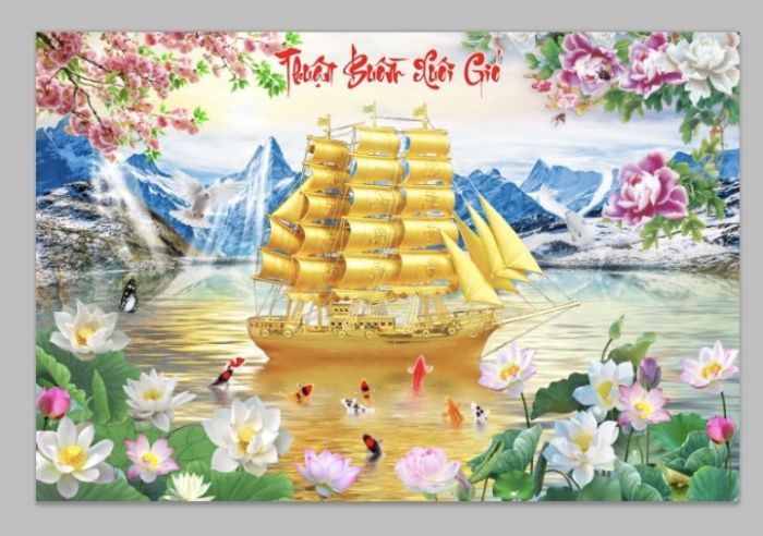 Gạch tranh 3D màu vàng cảnh thuyền buồm xuôi gió