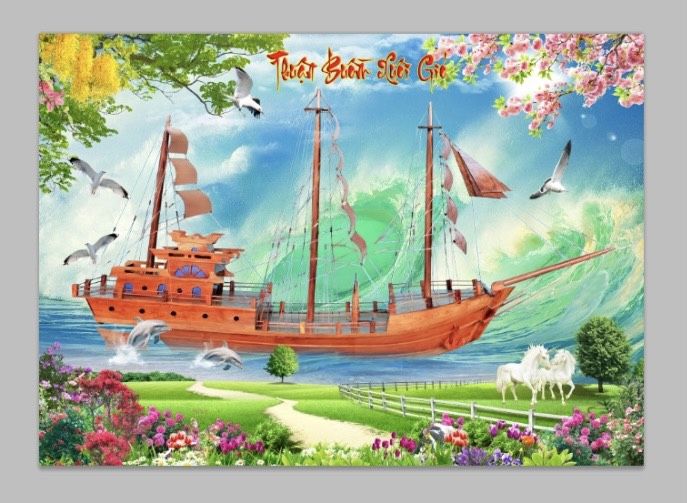 Gạch tranh 3D màu vàng cảnh thuyền buồm xuôi gió
