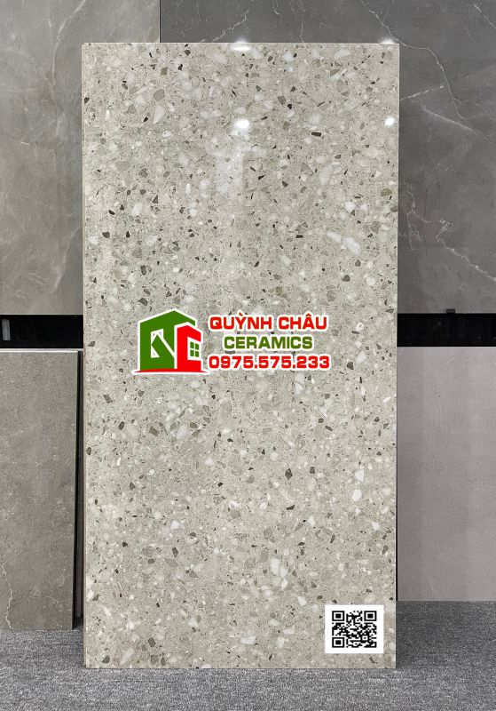 Gạch 600x1200 ấn độ họa tiết terrazzo Tesla màu xám bề mặt bóng