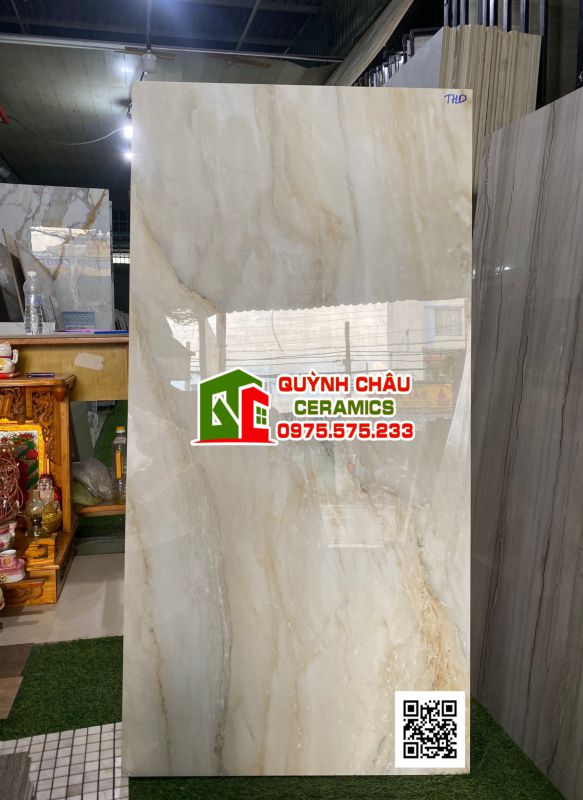 Gạch ấn độ 60x120 vân đá onyx màu kem đẹp Beige bề mặt bóng