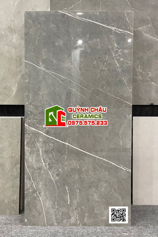 Gạch 600x1200 ấn độ vân đá xám tia chớp Nero Marble bề mặt bóng kiếng