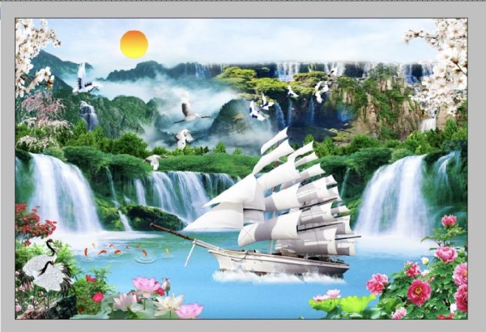 Gạch tranh chủ đề thuyền buồm hươu vàng