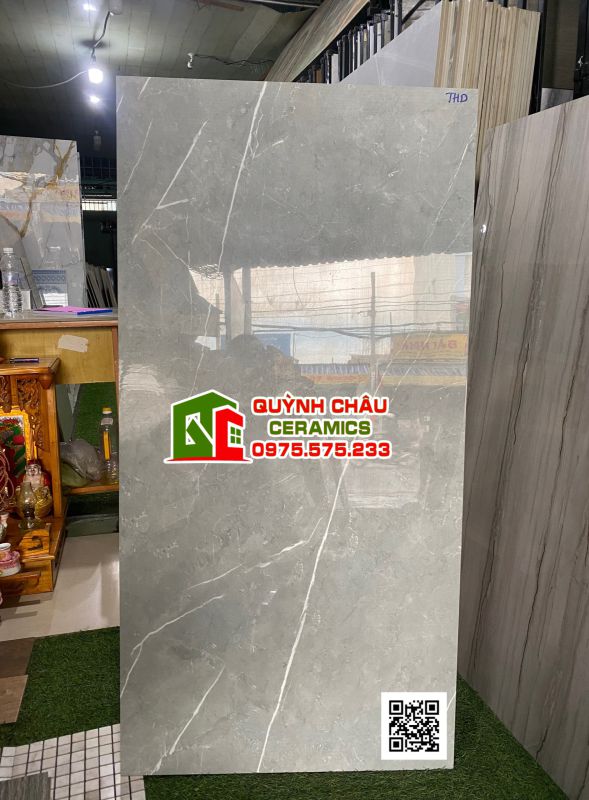 Gạch ấn độ 60x120 màu xám vân tia sét trắng Cacata Grey bề mặt bóng