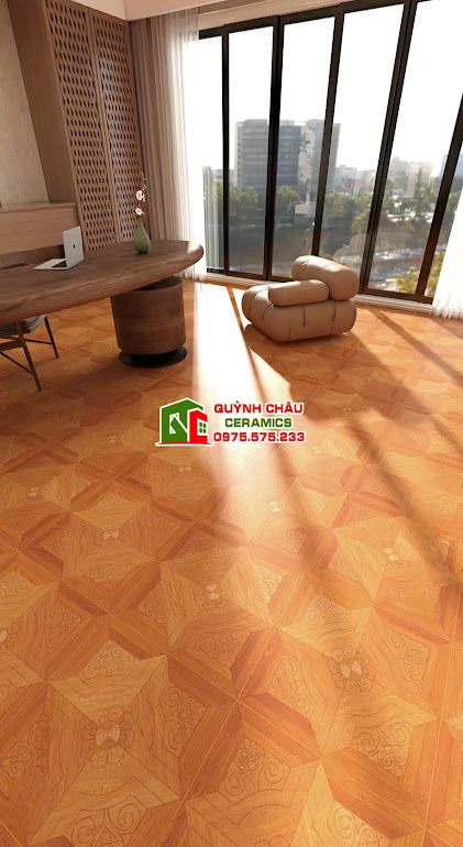 Gạch 60x60 vân gỗ nâu đỏ hoạ tiết chạm khắc hoa văn           