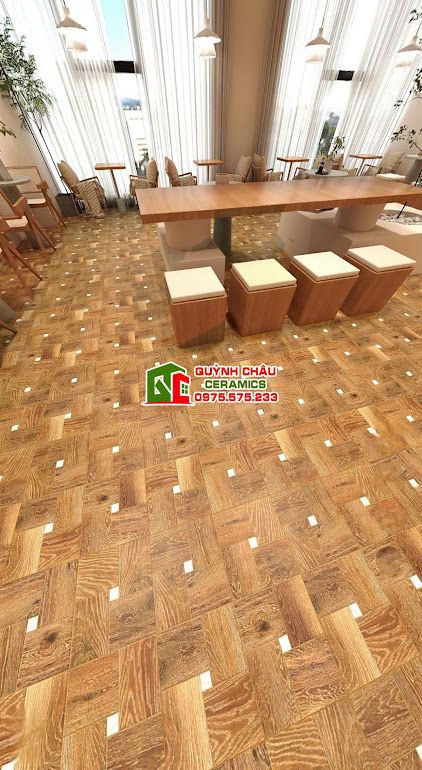 Gạch vân gỗ màu nâu 60x60 hoạ tiết ô vuông        