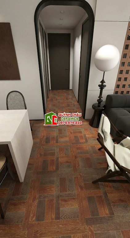 Gạch vân gỗ nâu óc chó 60x60 hoạ tiết ngang dọc        
