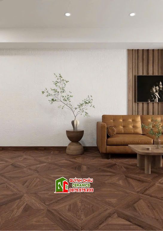 Gạch 60x60 vân gỗ ghép 3D màu óc chó     
