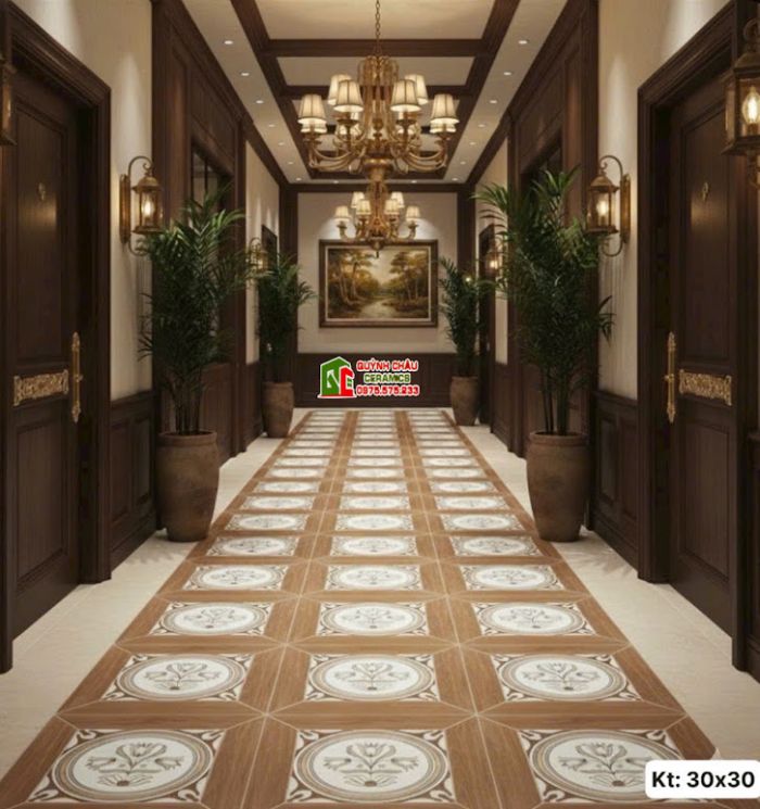 Gạch bông viền giả gỗ hoạ tiết cổ điển 30x30cm     