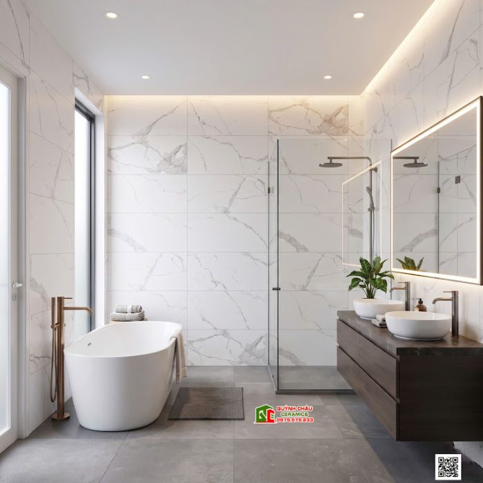 Gạch Việt Ý 60x120 mờ mịn Baby Skin trắng vân xám giả đá