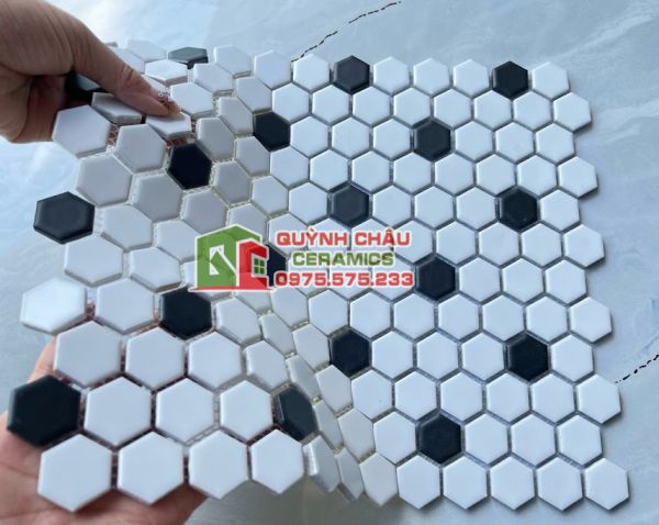 Gạch mosaic lục giác mix màu trắng đen men mờ