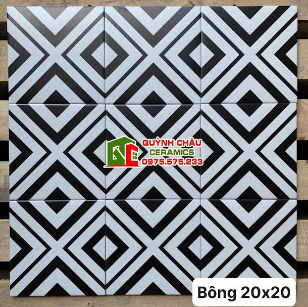Gạch bông hoa văn vuông đen trắng 20x20 trung quốc