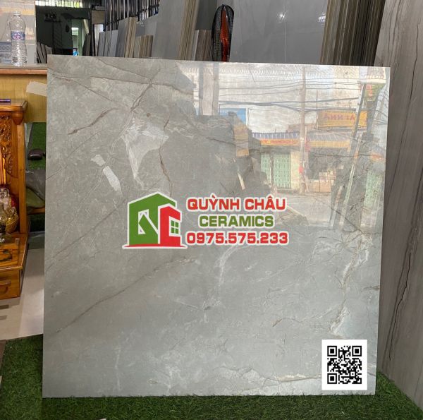 Gạch ấn độ 80x80 màu xám đá vân rạn nâu Sirina grey bề mặt bóng 5178