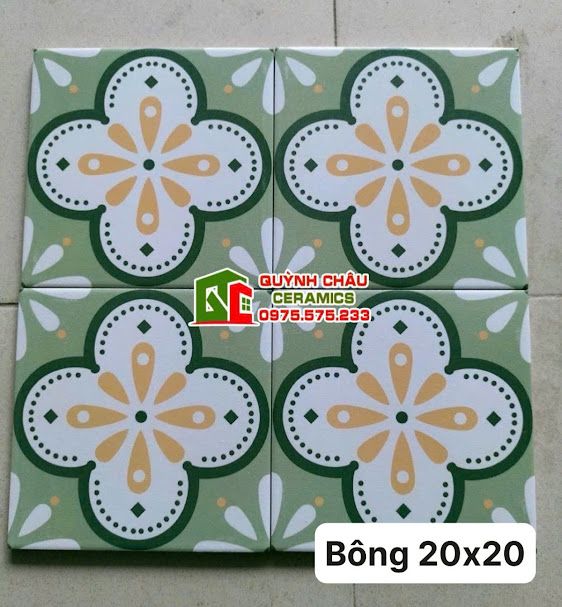 Gạch bông 20x20 hoa mai xanh mint cánh trắng nhuỵ vàng