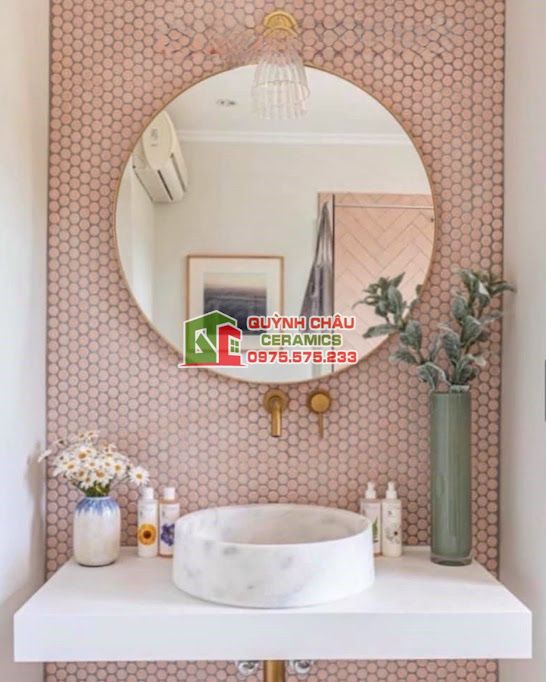 Gạch mosaic chấm bi tròn màu hồng bóng