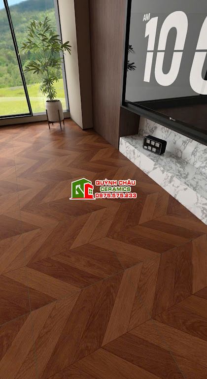 Gạch 60x60 giả gỗ vân xương cá màu nâu đỏ          