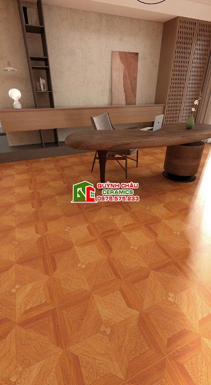 Gạch 60x60 vân gỗ nâu đỏ hoạ tiết chạm khắc hoa văn           