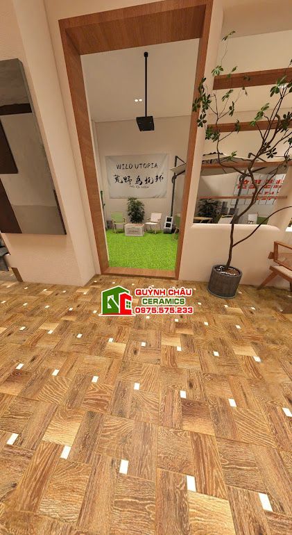 Gạch vân gỗ màu nâu 60x60 hoạ tiết ô vuông        
