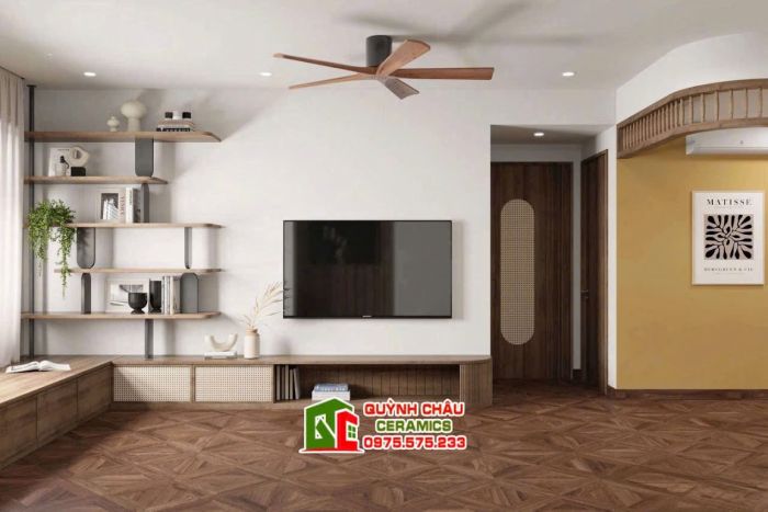 Gạch 60x60 vân gỗ ghép 3D màu óc chó     