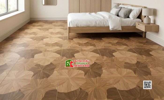 Gạch 60x120 lát phòng khách hoa văn lá sen màu gỗ