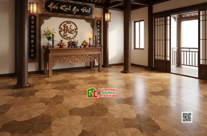 Gạch 60x120 lát phòng khách hoa văn lá sen màu gỗ