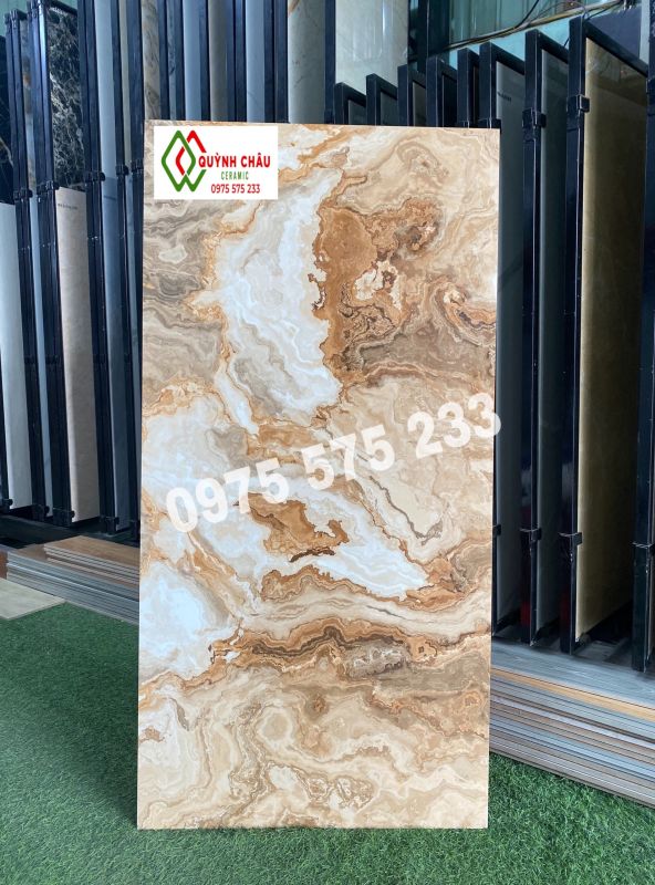 Gạch bóng kiếng vân giả đá màu vàng 600x1200 đẹp