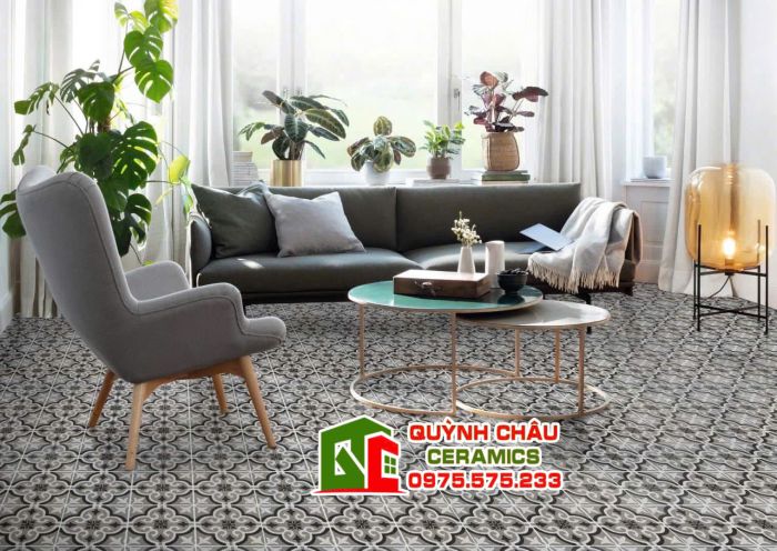 Gạch bông 20x20 xám phối hoa văn đen trắng