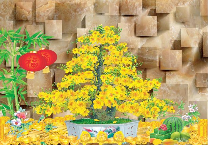 Gạch tranh ốp tường hình cây mai xuân