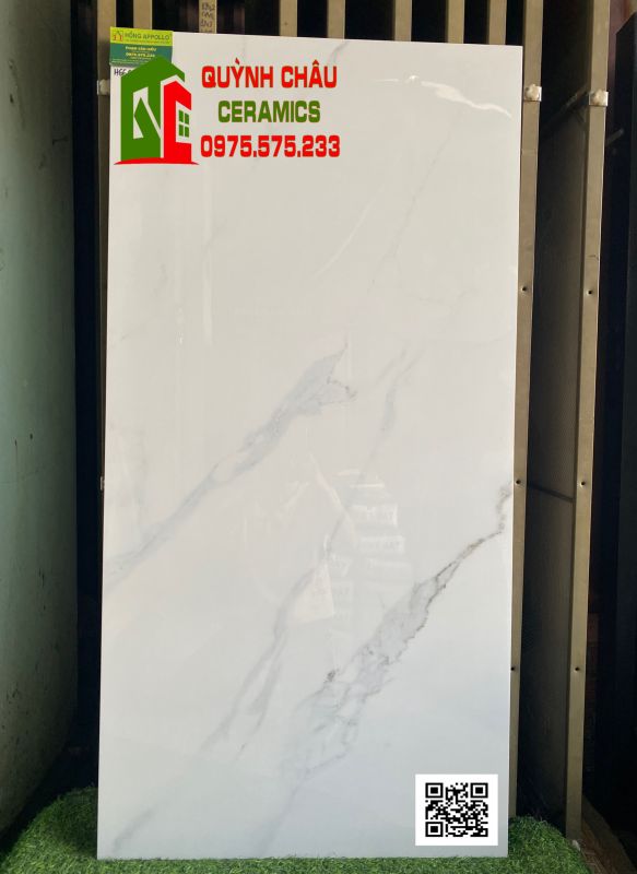 Gạch ấn độ 600x1200 trắng sứ xám vân bóng kính