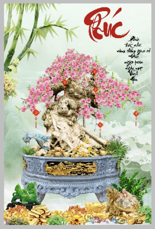 Gạch tranh 3D cây đào chữ thư pháp