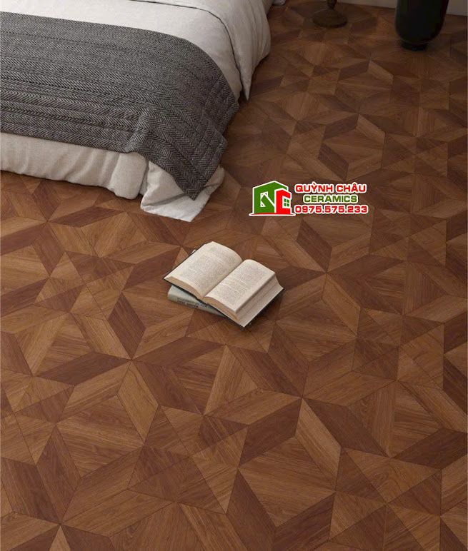 Gạch 60x60 vân gỗ nâu đỏ hoạ tiết 3D đối xứng    