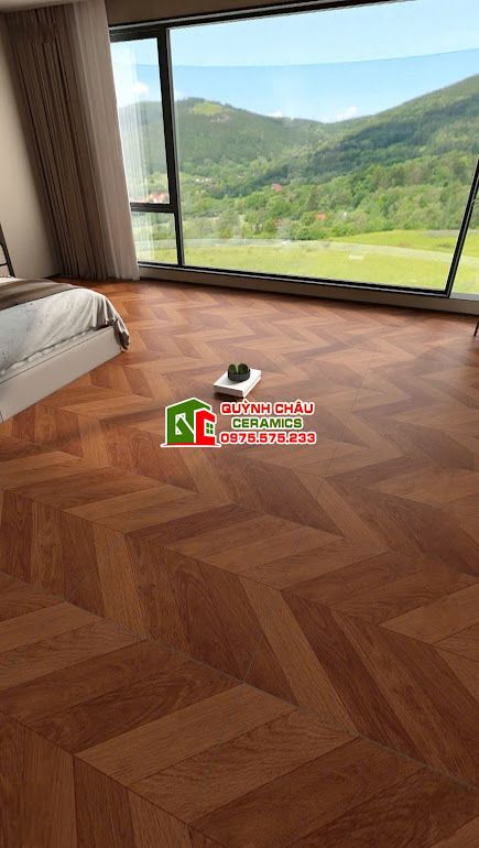Gạch 60x60 giả gỗ vân xương cá màu nâu đỏ          