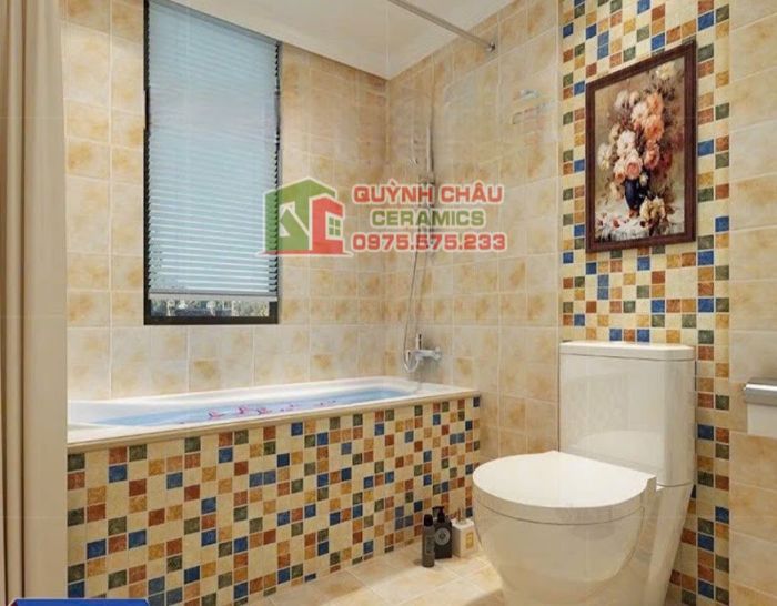 Gạch mosaic mờ đỏ xanh hồng màu mix cổ điển