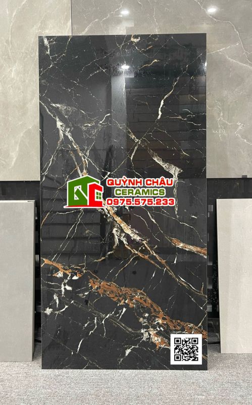 Gạch 60x120 ấn độ màu đen điểm vân đá vàng golden black bề mặt bóng