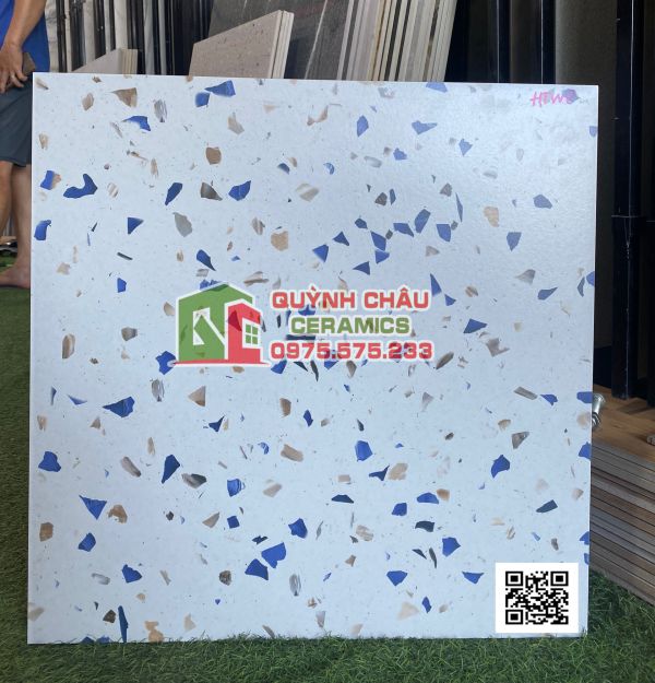 Gạch 60x60 terrazzo vân đá hạt màu xanh đẹp