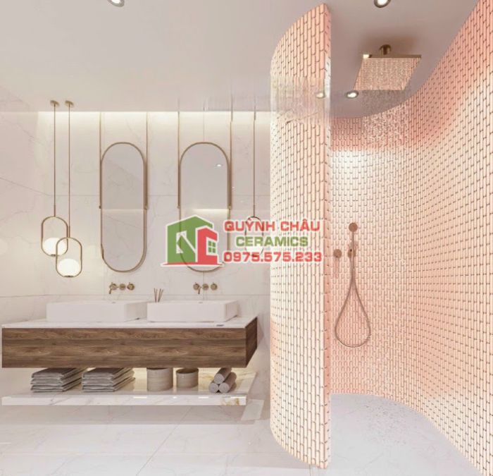 Gạch mosaic que đũa đầu tròn màu hồng