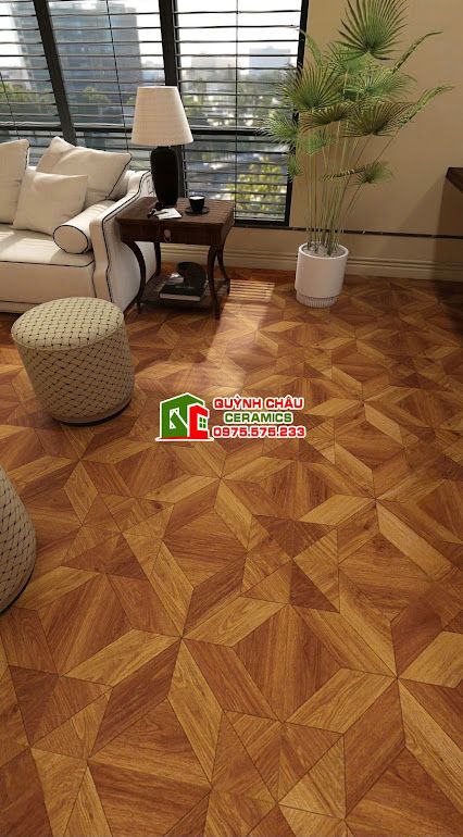 Gạch 60x60 vân gỗ nâu đỏ hoạ tiết 3D đối xứng    
