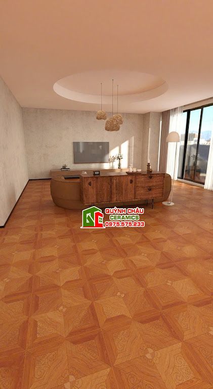 Gạch 60x60 vân gỗ nâu đỏ hoạ tiết chạm khắc hoa văn           