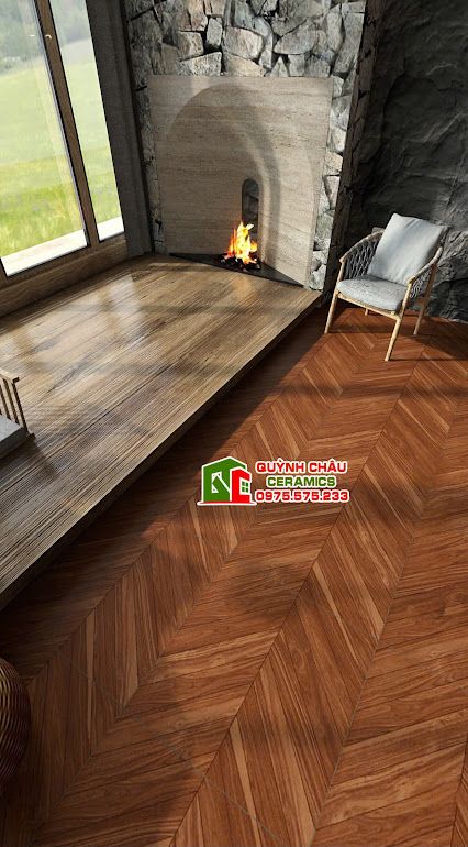 Gạch giả gỗ 60x60 vân xương cá màu nâu       