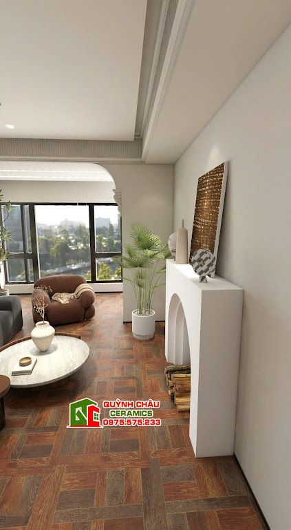 Gạch vân gỗ nâu óc chó 60x60 hoạ tiết ngang dọc        