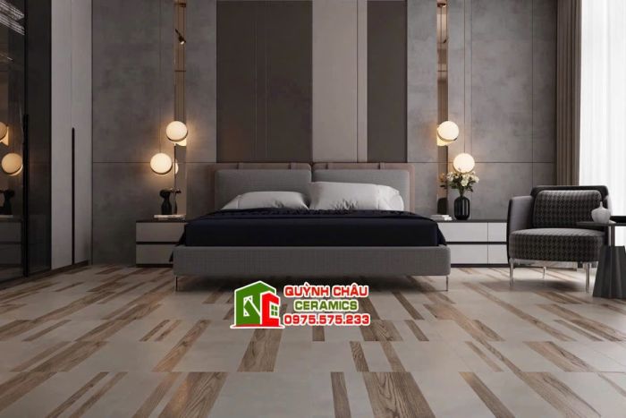 Gạch 60x60 vân gỗ mix màu xám xi măng              