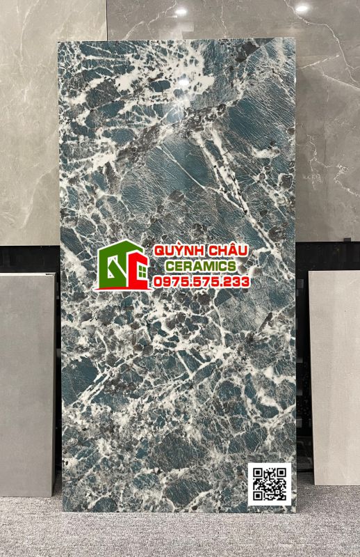 Gạch 60x120 ấn độ vân đá màu xanh ngọc điểm trắng peek green bề mặt bóng