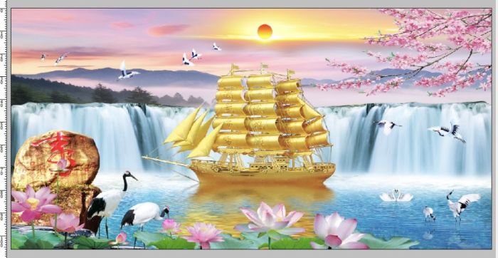 Gạch tranh cảnh vật và thuyền buồm phủ kim tuyến
