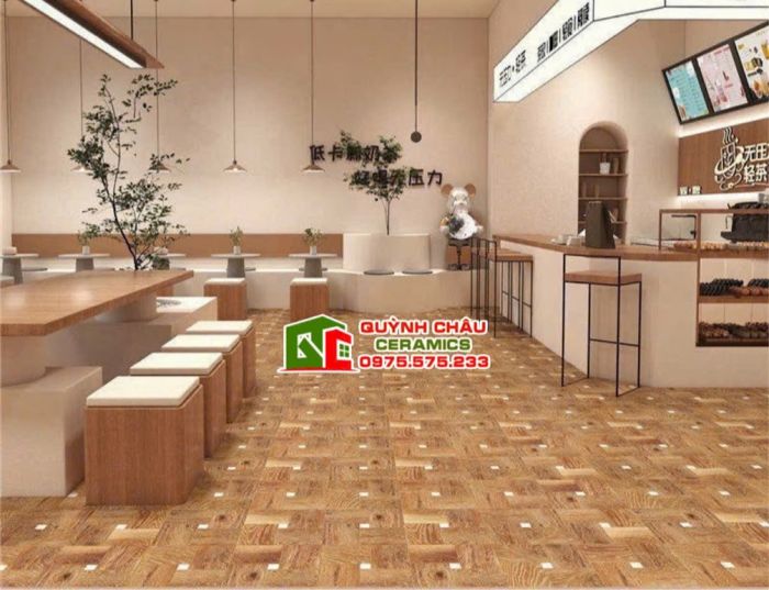 Gạch vân gỗ màu nâu 60x60 hoạ tiết ô vuông        