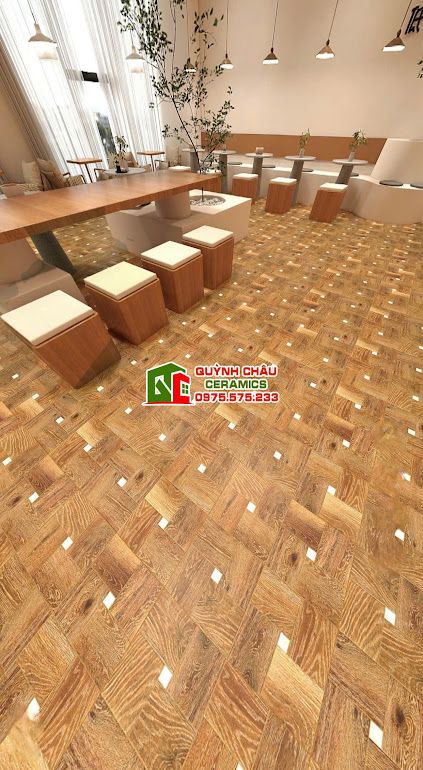 Gạch vân gỗ màu nâu 60x60 hoạ tiết ô vuông        