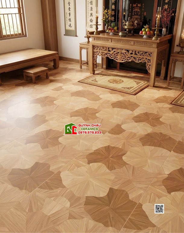 Gạch 60x120 họa tiết lá sen vân gỗ màu sáng