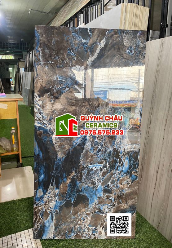 Gạch ấn độ 60x120 xanh biển vân đá Emperador blue black bề mặt siêu bóng