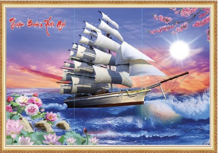 Tranh kính 3D phủ kim tuyến thuận buồm xuôi gió